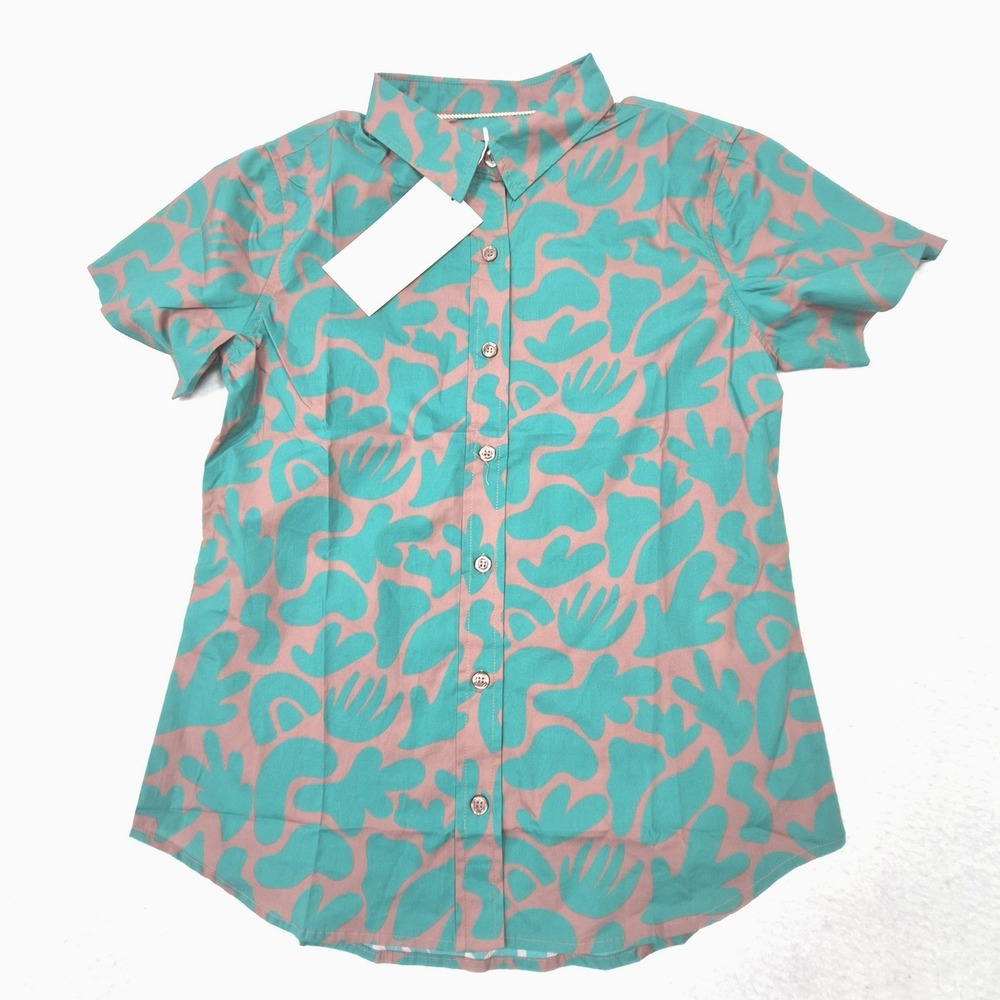 Wildfang Essential Button Up Womens Small Teal Pink Abstract Shirt NEW